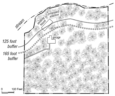 sample site plan for wooded site with house in stream buffer